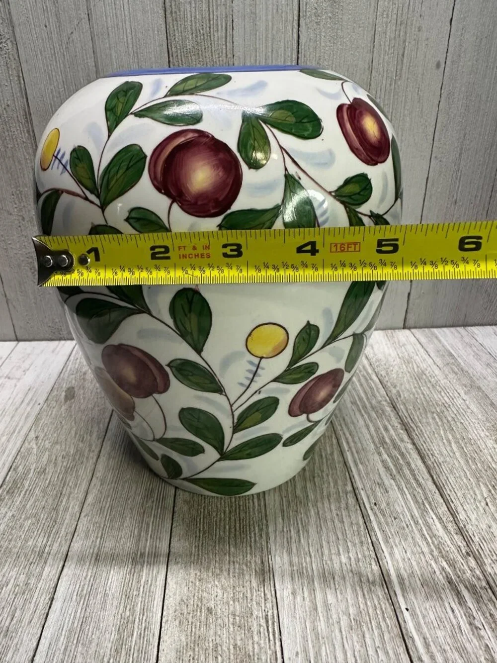 Vintage Chinese Cherry Berry Fruit Painted Vase Jar Red Stamped 8 Inches Tall